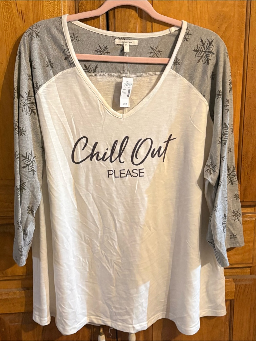 Maurices Chill Out Please Women's V-Neck Raglan Top - White and Gray 2X